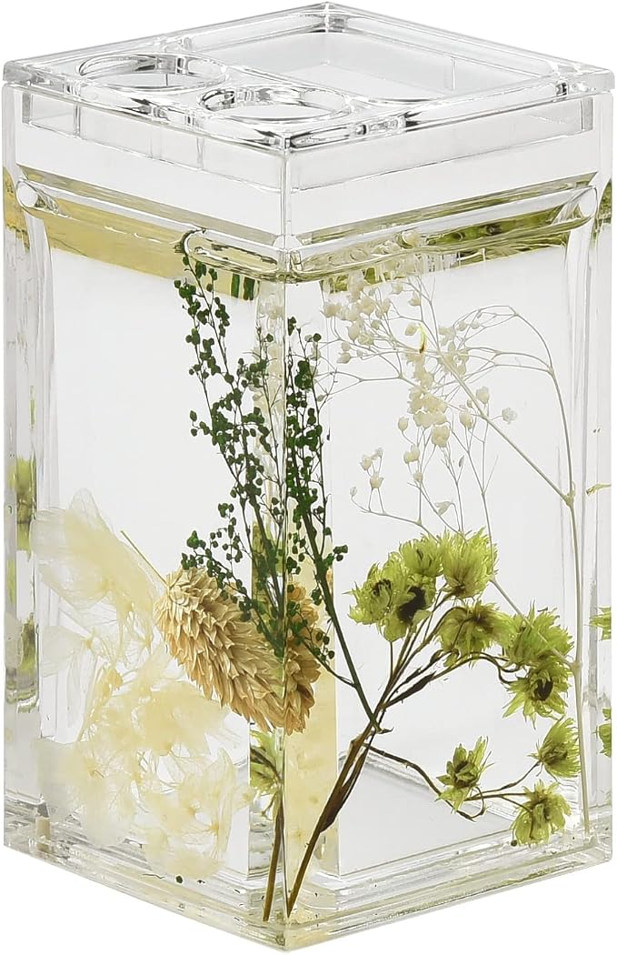 Locco Decor 5 Piece Acrylic Liquid 4D Floating Motion Bathroom Vanity Accessory Set Garden Botanic Green Plants Toothbrush Holder, Tumbler, Soap Dispenser, Soap Dish, Toiletbrush Holder Set