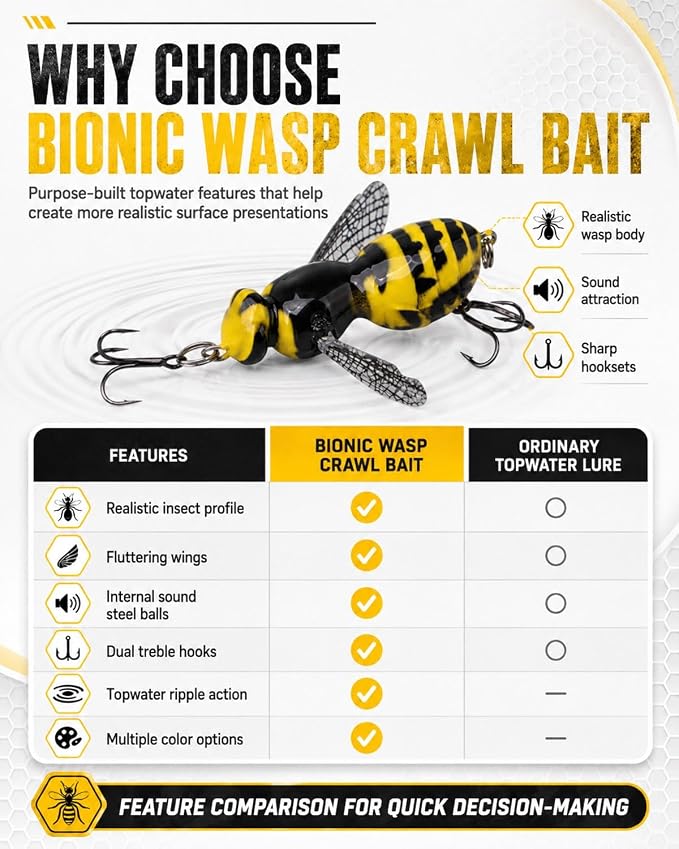 2026 New Bionic Wasp Crawl Bait-Topwater Micro Fishing Lure with Acoustic Noise Steel Balls for Bass & Pike Professional Anglers,Realistic Freshwater and Saltwater-W/Carbon Steel