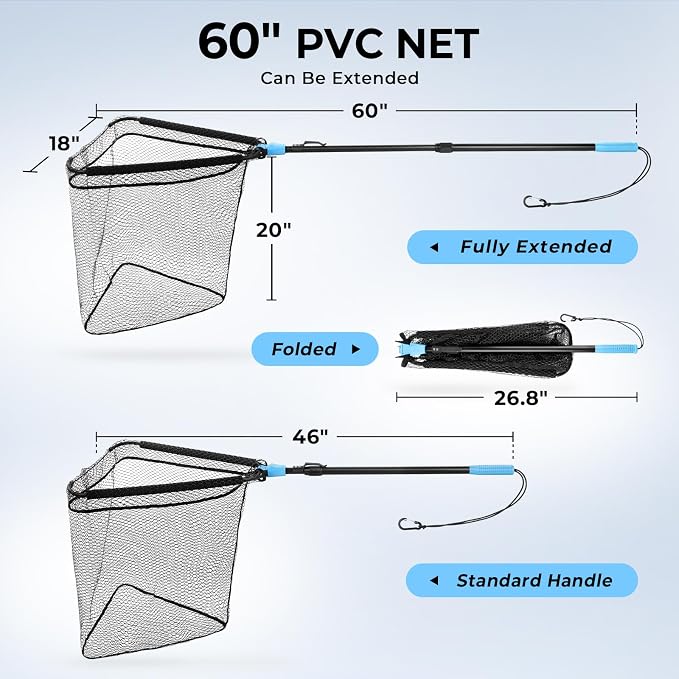 Calamus Triangle Fishing Net, Foldable, Lightweight & Strong Landing Net with Non-Slip Elastomer Handle, Built-in Elastic Lanyard and Belt Clip, Fishing Gear - Gift for Men