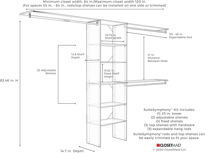 ClosetMaid SuiteSymphony Wood Closet Organizer Kit with Tower, 3 Hang Rods, Top Shelves, Adjustable, Fits Spaces 6 - 10 ft. Wide, Natural Gray