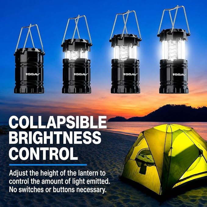 SSAV LED Camping Lantern, Emergency Lanterns for Power Outages & Hurricane Preparedness, Collapsible Portable Survival Lights for Camping, Storms & Emergencies, Batteries Included (8, Black)