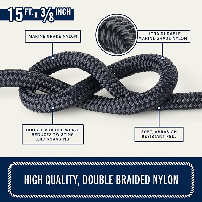 RainierSupplyCo Dock Lines 2-Pack - Boat Rope for Docking with Loop - 15 ft x 3/8 Inch Premium Double Braided Nylon Marine Rope - Mooring Line with 12" Eyelet - Boat Accessories - Black