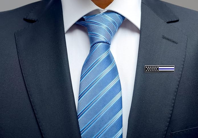 Thin Blue Line American Flag USA Lapel Pin Set - Waving Flag + Rectangle Bar - Silver Colored Metal Plated - Luxury Clothing Accessories