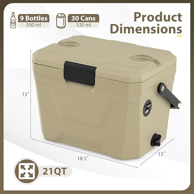 KOTEK 21qt Hard Cooler, Insulated Portable Ice Chest with Drain Plug, Bottle Opener & Cup Holders, Outdoor Cooler with Handle for Camping, Beach, Fishing and Boating