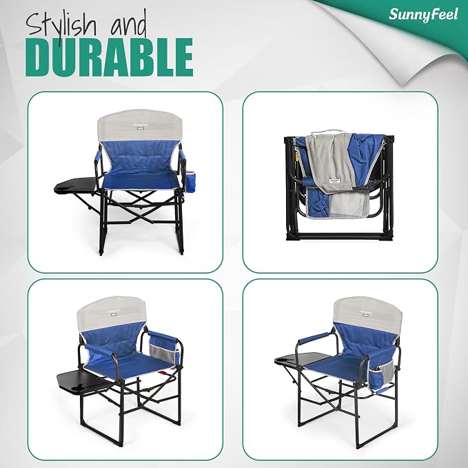 SUNNYFEEL Oversized Camping Directors Chair 2 Pack, Portable Folding Lawn Chairs for Adults Heavy Duty with Side Table,Pocket for Beach, Fishing,Picnic,Concert Outdoor, Foldable Camp Chairs