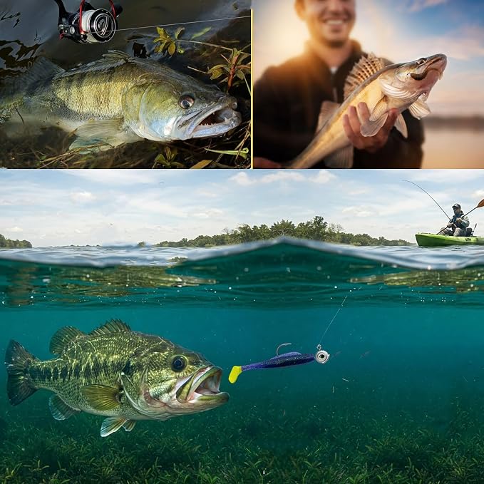 50Pcs/Box Swimbait Jig Heads Fishing Hooks with 3D Eye,4 Sizes(1/4oz.3/8oz,1/5oz. 1/8oz Mixed,Automatic stabilization Head Design/Luminous,Bass Freshwater&Saltwater
