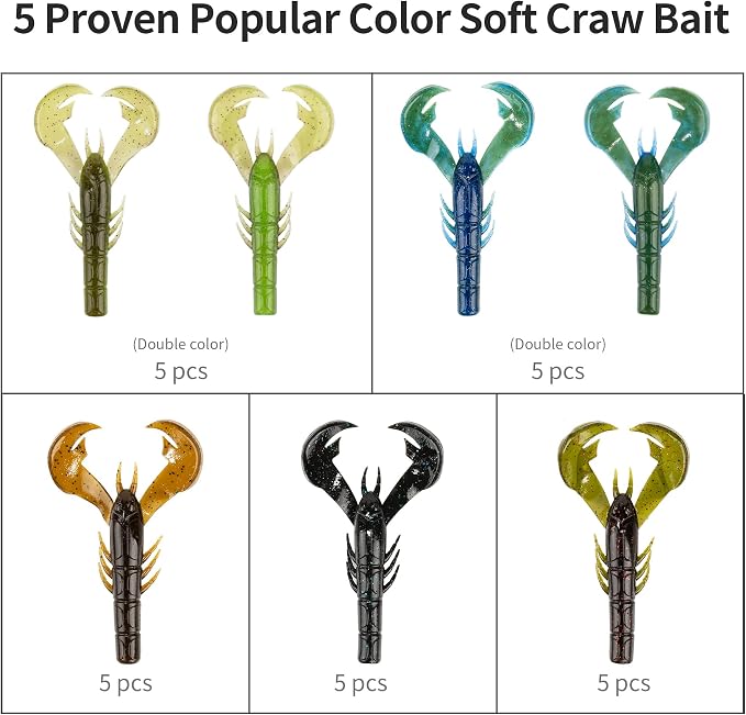 Soft Plastic Craw Baits 25-Pack, 4in Jig Trailer Creature Lures with Big Claws for Bass Fishing, Crawfish Soft Bait for Freshwater