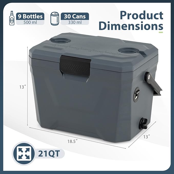 KOTEK 21qt Hard Cooler, Insulated Portable Ice Chest with Drain Plug, Bottle Opener & Cup Holders, Outdoor Cooler with Handle for Camping, Beach, Fishing and Boating