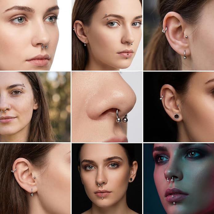 8 Pcs Septum Piercing, Stainless Steel Septum Rings 16G, Horseshoe Septums 6/8/10/12 External Thread with Replacement Ball and Grip Pen for Nose, Eyebrows, Ears, Lips