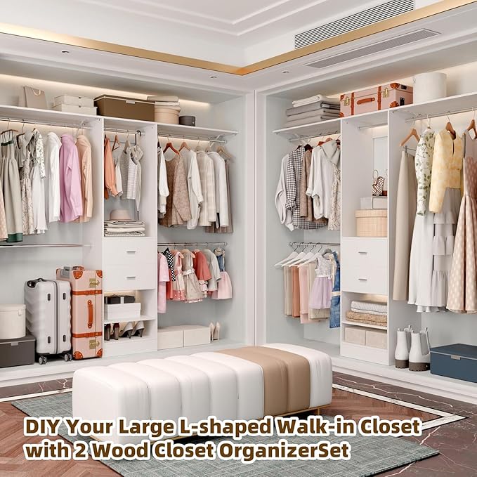 Closet System Set of 2, Closet Organizer System With 4 Wood Drawers, Walk-In Closet Storage System With 10 Hanging Rods, Adjustable Cloth Garment Rack, Fits Spaces 6Ft-14Ft, White
