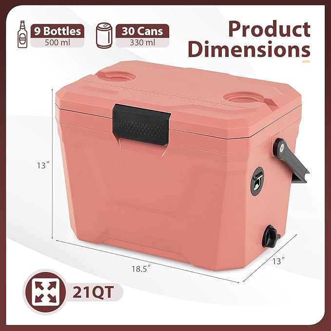 KOTEK 21qt Hard Cooler, Insulated Portable Ice Chest with Drain Plug, Bottle Opener & Cup Holders, Outdoor Cooler with Handle for Camping, Beach, Fishing and Boating
