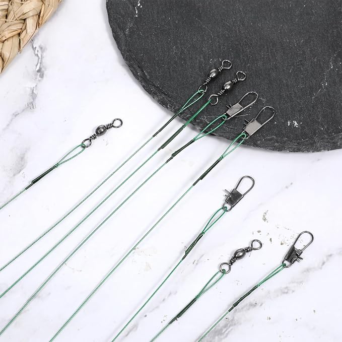 50 Pcs Fishing Leaders with Swivels, Steel Wire Fishing Leader High-Strength Anti-Bite Wire Leader Line Kit for Saltwater Freshwater, Connects Lures, Hooks, Rigs (Green, 4/6/8/10/12 Inch)
