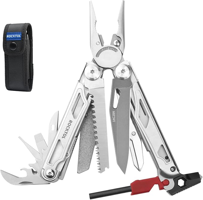 ROCKTOL SK04 Multitool, 14C28N Blade, 22-in-1 Multi-tool Pliers with Fire Starter, Emergency Whistle, Glass Breaker, Safety Locking and Nylon Sheath for Survival, Camping, multitool for men