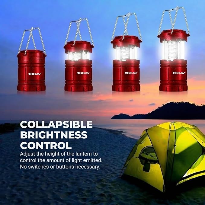 SSAV LED Camping Lantern, Emergency Lanterns for Power Outages & Hurricane Preparedness, Collapsible Portable Survival Lights for Camping, Storms & Emergencies, Batteries Included (2, Red)