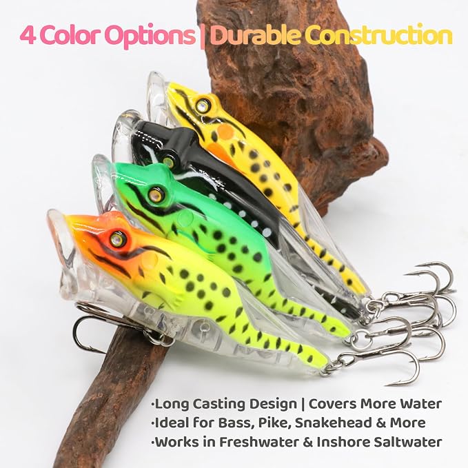 Stonefish 3pcs Popper Topwater Fishing Lures with Treble Hooks, Whopper Floating Splashing Popper with Rattles, Freshwater Saltwater Lures for Bass