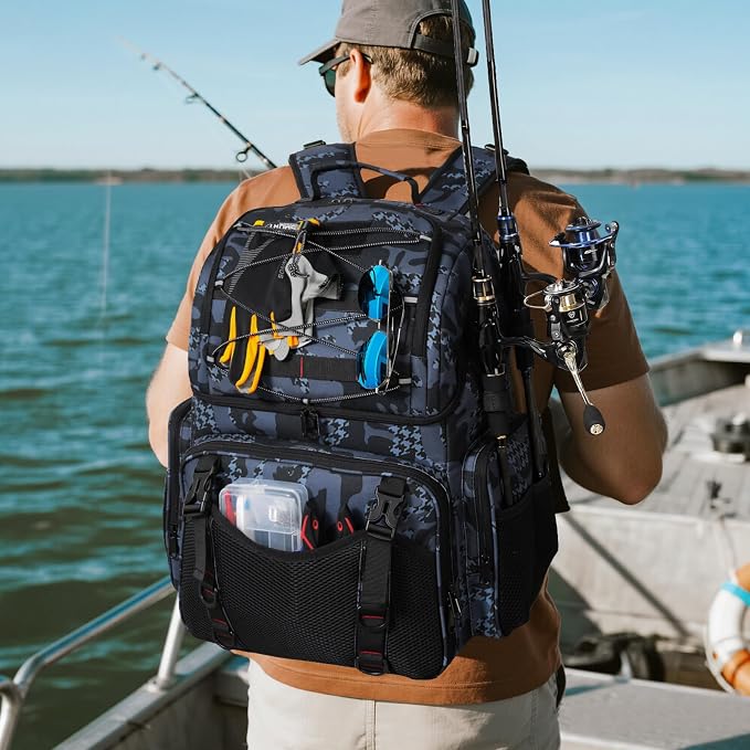 RUCYEN Fishing Backpack, 45L Large Cooler Fishing Tackle bag with Rod Holders & Rain Cover, Water-resistant Store Gear(With 4 Tackle Boxes)