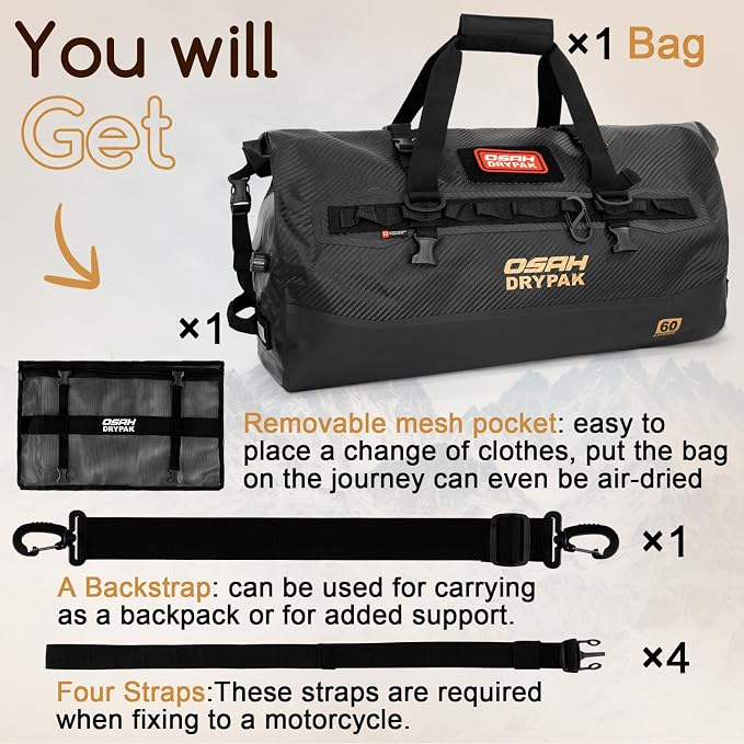 OSAH DRYPAK Waterproof Duffel Bag 25L/40L/60L β Heavy-Duty Motorcycle Tail Bag, Roll-Top Dry Bag for Travel, Camping, Boating, Kayaking, Outdoor Adventure