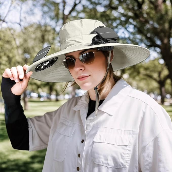 Solar Powered Fan Hat for Men Women Wide Brim Hat with 2 Fans UPF 50+ Outdoor Fishing Beach Sun Hat
