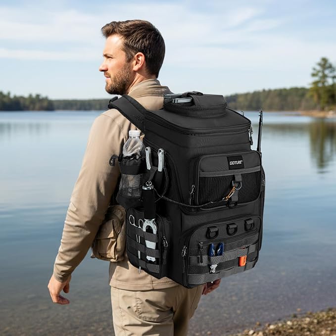 Goture Fishing Backpack with 4 Tackle Boxes, 900D Water-Resistant Tackle Backpack with Rod Holders,Insulated Cooler Compartment, 55L Large Capacity Fishing Gear Storage Bag for Saltwater & Freshwater