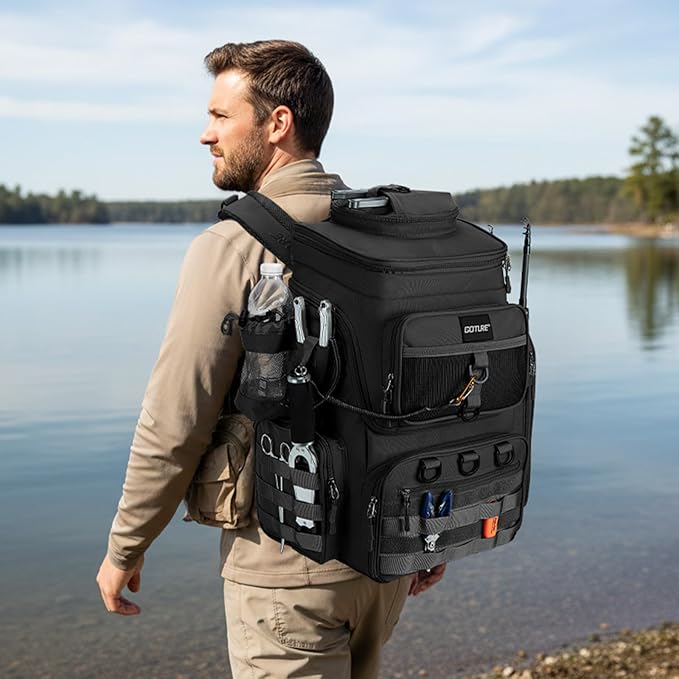 Goture Fishing Backpack, 900D Water-Resistant Tackle Bag with Rod Holders, Insulated Cooler Compartment, 55L Large Capacity Fishing Gear Storage for Saltwater&Freshwater Camping Hiking,Gifts for Men