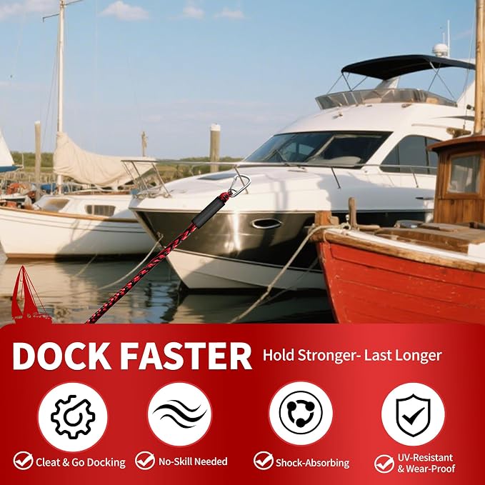 Bungee Dock Line with Stainless Steel Clip – Boat Dock Rope with Foam Float for Kayak, Canoe, Pontoon, Watercraft, SeaDoo, Docking – 4–5.5 ft, 2 Pack(Red&Black)
