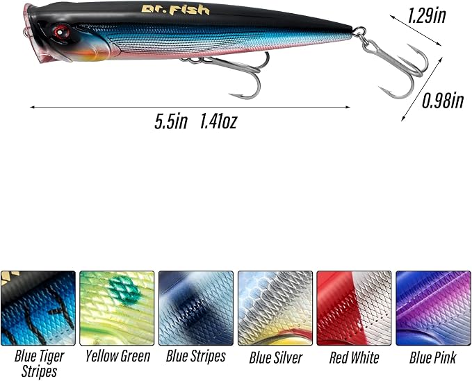 Dr.Fish Popper Saltwater Fishing Lures, 4/5.5 Inches GT Popper VMC Treble Hooks Surf Fishing Lures for Bass Striper Pike Salmon Offshore