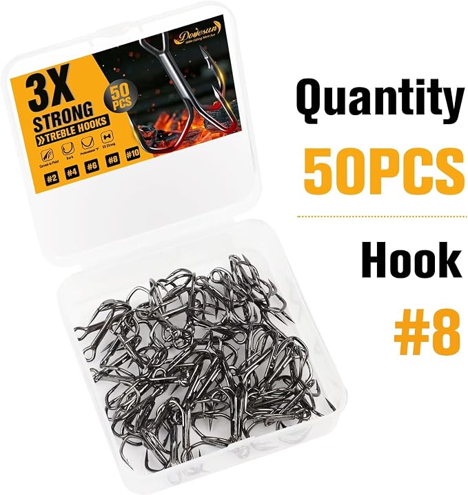 Dovesun Fishing Treble Hooks, Triple Hooks 3X Strong Professional V, 50PCS High Carbon Steel Replacement Fishing Hooks for Saltwater and Freshwater, Sizes #10#8#6#4#2