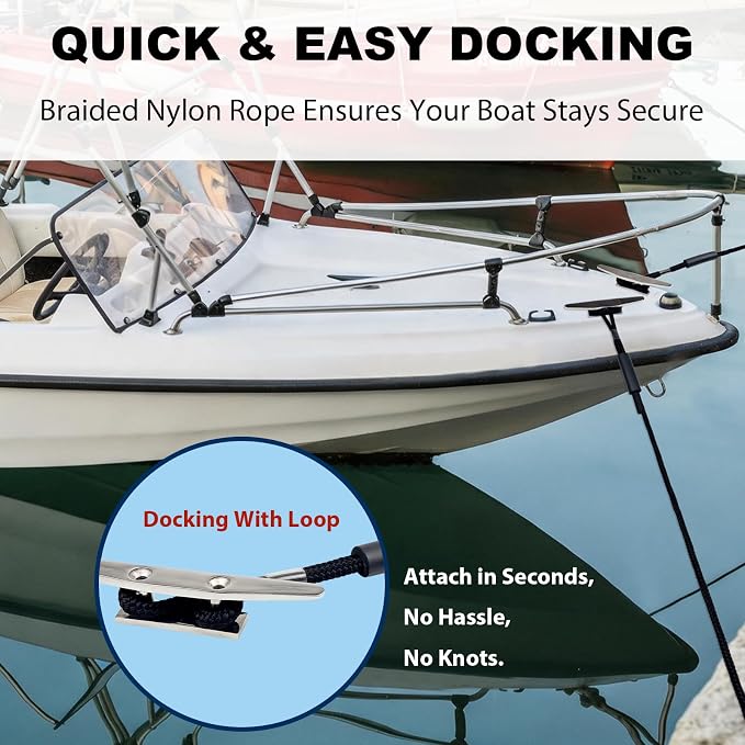 2 Pack Boat Dock Lines 3/8 Inch x 6 ft Double Braided Nylon Docking Line with Loop Boat Accessories Marine Grade Boats Mooring Rope with Foam Floats for Yacht, Pontoon, Waverunner, Seadoo(Black)