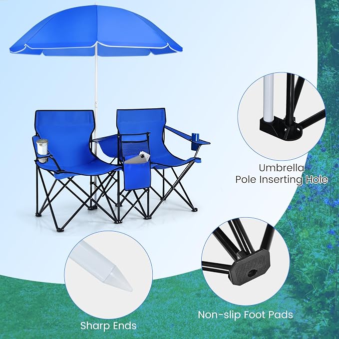 Tangkula Double Camping Chairs with Umbrella, Portable 2 Seat Folding Camp Chair with Cooler Bag, Beverage Holder, Carrying Bag, Foldable Lawn Chair for Outside, Fishing, Picnic, Beach