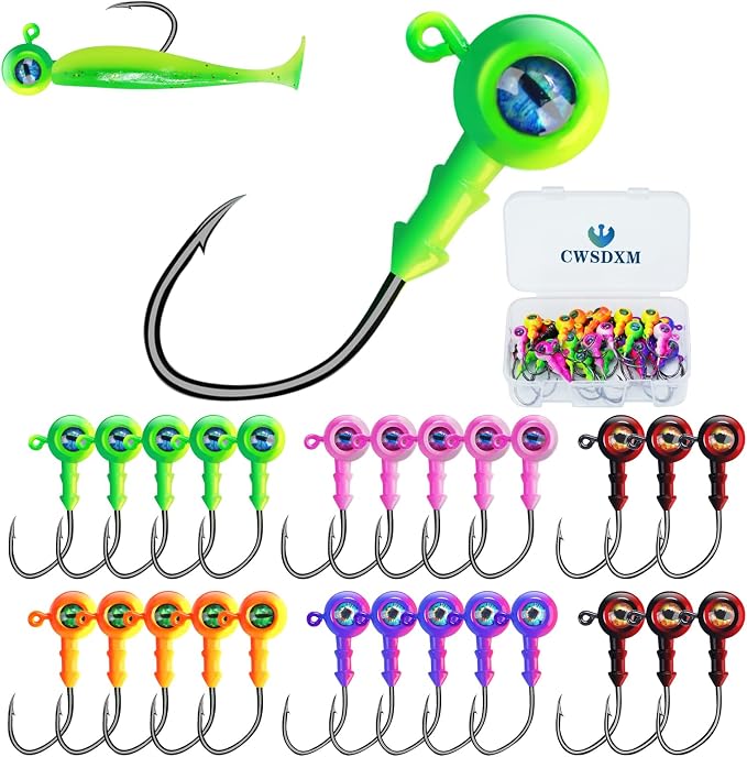 Round Jigs Heads for Fishing, 3D Eyes Ball Head Hooks with Stacked Cone Keeper, 1/8oz 1/5oz 1/4oz 3/8oz Crappie Jig Heads for Bass Fishing Trout Crappie Panfish Walleye