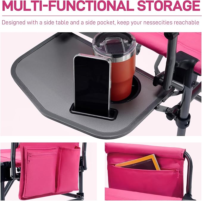 EVER ADVANCED Camping Directors' Chair with Side Table, Portable Folding with Compact Size, Heavy Duty Lawn Chair with Pocket for Camping, Lawn, Sports and Fishing, 400lbs, Pink