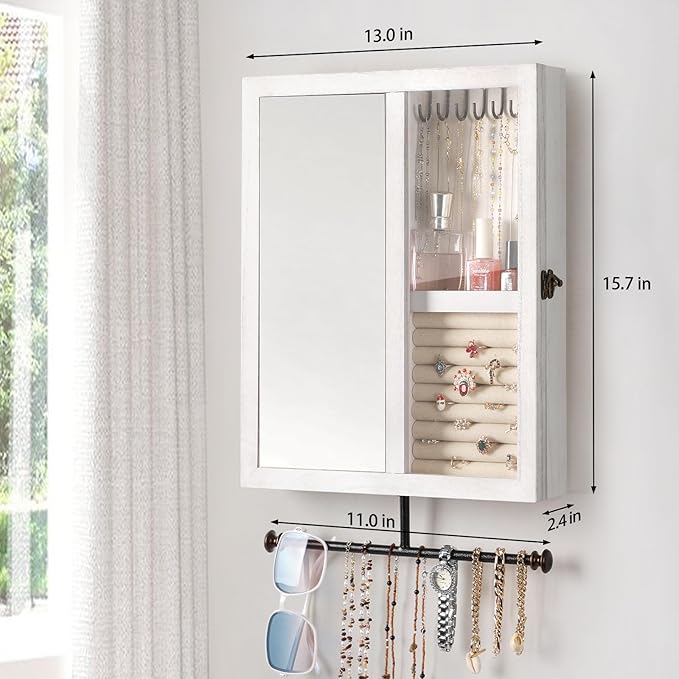 Keebofly Wall Jewelry Organizer Cabinet with Mirror,Rustic Wood Storage for Necklaces, Earrings, Bracelets & Rings, Large-Capacity Hanging Cabinet โ White