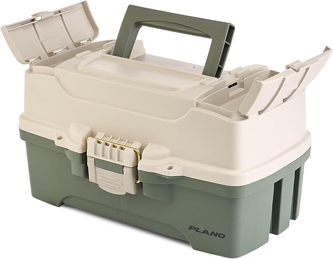 Plano Two-Tray Tackle Box, Green/Tan, Rust-Proof Brass Latch, Top-Access Tray with Deep Storage, Made in the USA, Portable Fishing Gear Storage Organizer
