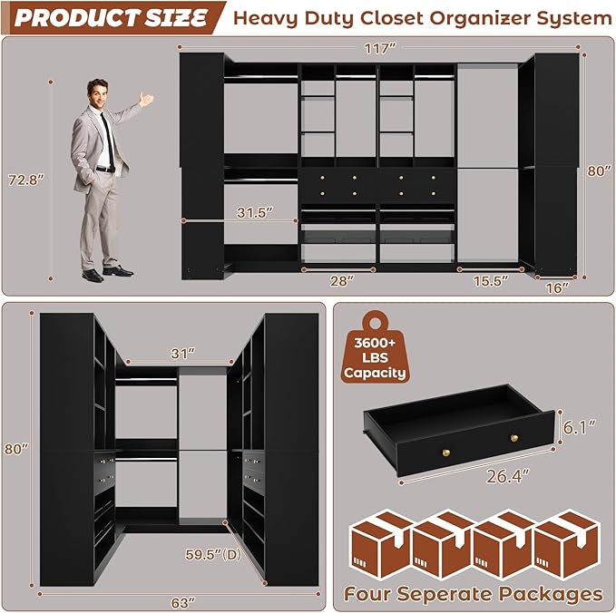 Closet System with 4 Drawers & Corner Tower, Closet Organizer System with 4 Hanging Robs, Reversible U Shaped Walk-in Closet System, Load 2600+LBS Capacity, Set of 4, Black