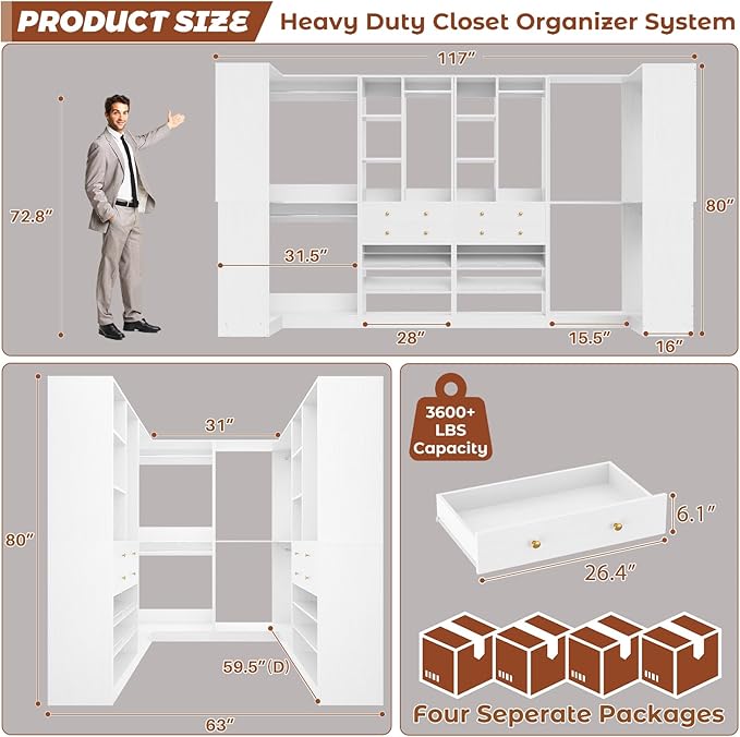 Closet System with 4 Drawers & Corner Tower, Closet Organizer System with 4 Hanging Robs, Reversible U Shaped Walk-in Closet System, Load 2600+LBS Capacity, Set of 4, White