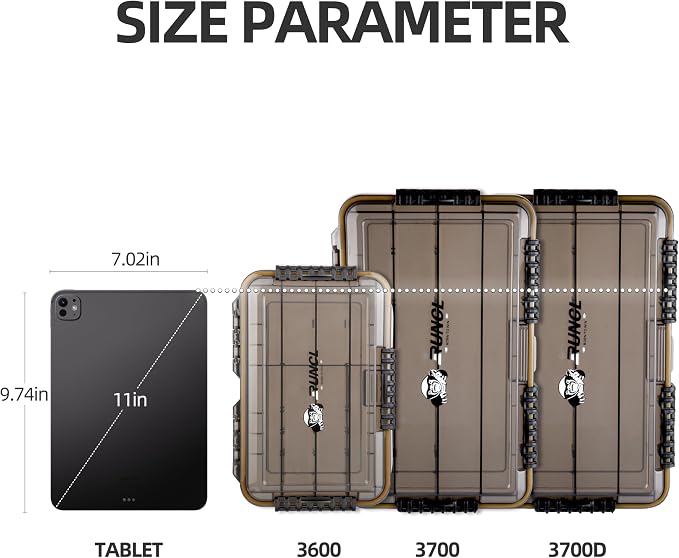 RUNCL Fishing Tackle Box, Waterproof Tray for Jigs Lures, Thicker Floating Tackle Utility Box with Adjustable Dividers, 3600/3700/Large 3700 Size
