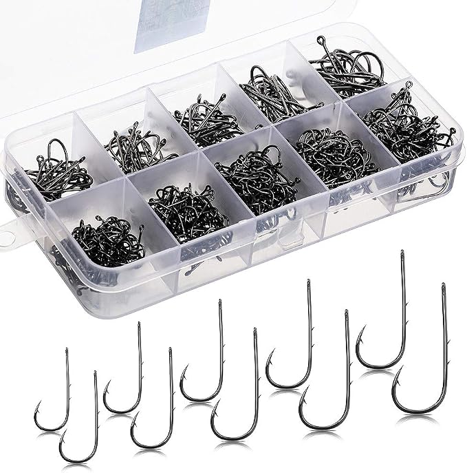 DONQL Bait Holder Hooks, 600Pcs Double Barbed Fishing Hooks 3#-12# Carp Single Fish Hook Kit Fly Fishing Accessories Carbon Steel Jig Sea Hooks for Live Bait Freshwater Saltwater (600PCS)