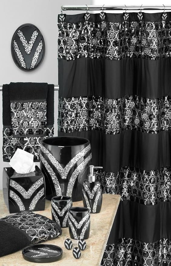 Zahari Home 2pc Sinatra Black Modern Bath Accessories Set Waste Basket & Tissue Box Modern Decorative Beautiful Designs Bathroom Decor Set for Home Luxury Bath Set Mosaic Glass