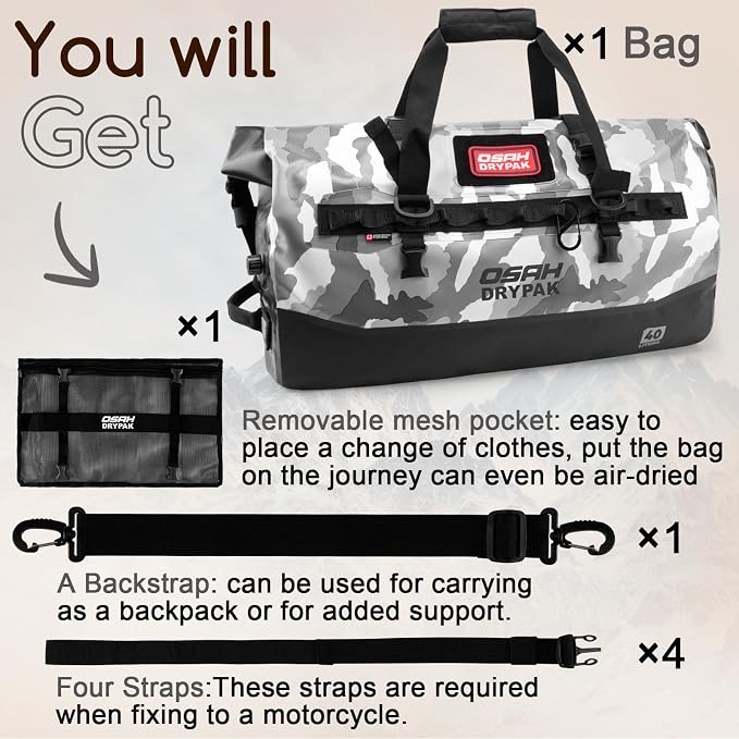 OSAH DRYPAK Waterproof Duffel Bag 25L/40L/60L β Heavy-Duty Motorcycle Tail Bag, Roll-Top Dry Bag for Travel, Camping, Boating, Kayaking, Outdoor Adventure