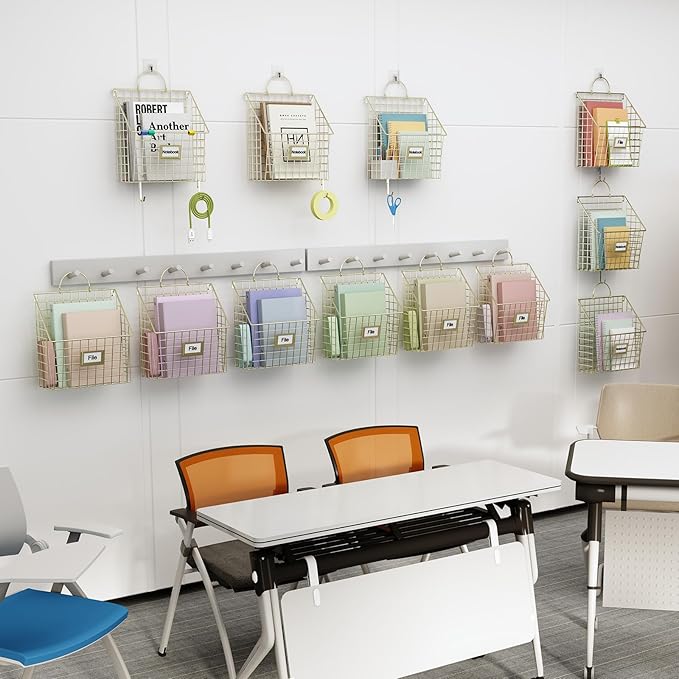 Wall File Organizer Mesh Hanging Wall Files Holder,Magazine Rack and Mail Basket with Hooks, Office Wall Organizer for Papers Folders Files Clipboard 4 Packs, Gold(Patent Pending)
