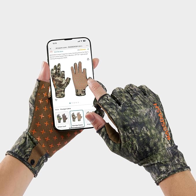 BASSDASH Unisex Fingerless Camo Hunting Gloves for Men's Women's Early Season Warm Weather UPF 50+ Lightweight Fishing Photography HG03