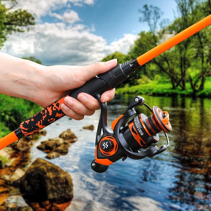 Sougayilang Spinning Combo – 5.2:1 Gear Ratio, 15.6LB Drag, IM7 Graphite 2-Piece Rod, Stainless Steel Guides for Bass, Trout, Redfish