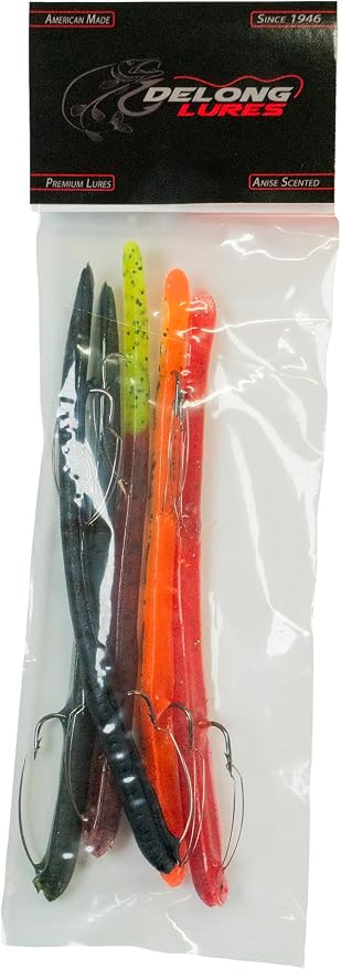 DeLong Lures 6" KILR Worm β Made in USA Weedless Pre-Rigged Soft Plastic Swimbaits, Extra Durable Bass Fishing Lures for Pike and More, 5-Pack Variety