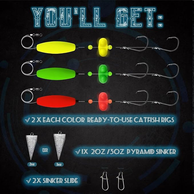 Narcissus Catfish Rigs Set – 6 Pre-Tied Rigs with 2 Sinker Sliders, Float Rigs Tackle, Santee Rig, Circle Hooks 6/0 – Complete & Ready-to-Use Kit