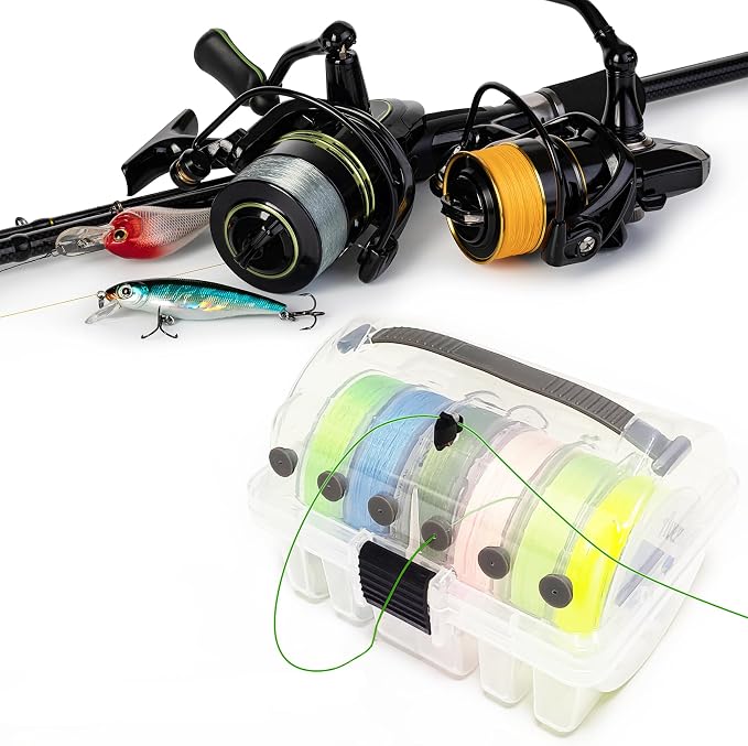 Aventik Clear Fishing Line Organizer Built-in Cutter & Silicone Holes 6C/8C Clear Tangle Free Spool Storage Box for Fishing Line Management