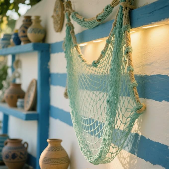 2 Pack Fish Net Decorations for Party, Natural Cotton Hawaiian Party Fishing Net Decorative, Nautical Themed Cotton Fishnet Under The Sea Pirate Ocean BeachHalloween Decor Blue