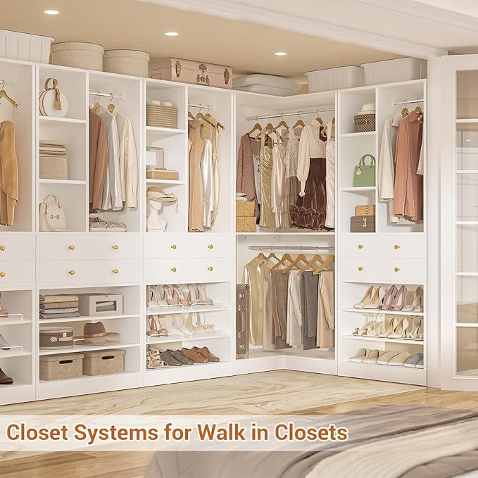 Closet System with 2 Drawers, 3 Hanging Rods, 59.5" * 31.5" Closet Organizer System with Corner Tower, Reversible L Shaped Walk-in Closet System, Corner Closet System Set of 2, White