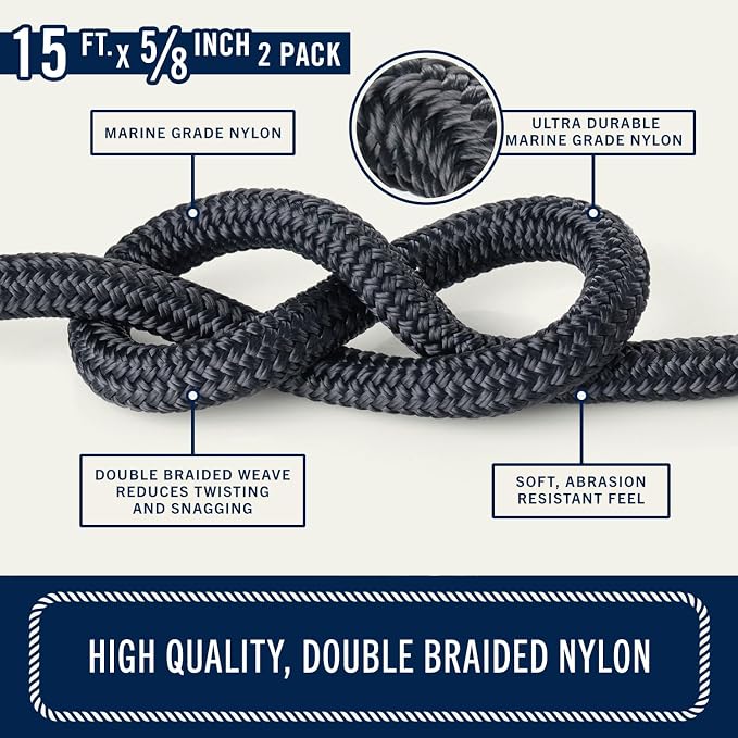 RainierSupplyCo Dock Lines 2-Pack - Boat Rope for Docking with Loop - 15 ft x 5/8 Inch Premium Double Braided Nylon Marine Rope - Mooring Line with 15" Eyelet - Boat Accessories - Black