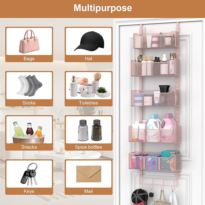 Over The Door Organizer, Metal Door Organizer Hanging with 5 Adjustable Baskets and Coat Hook, Behind The Door Storage for Bedroom Closet Bathroom Pantry Cabinet Kitchen, Pink