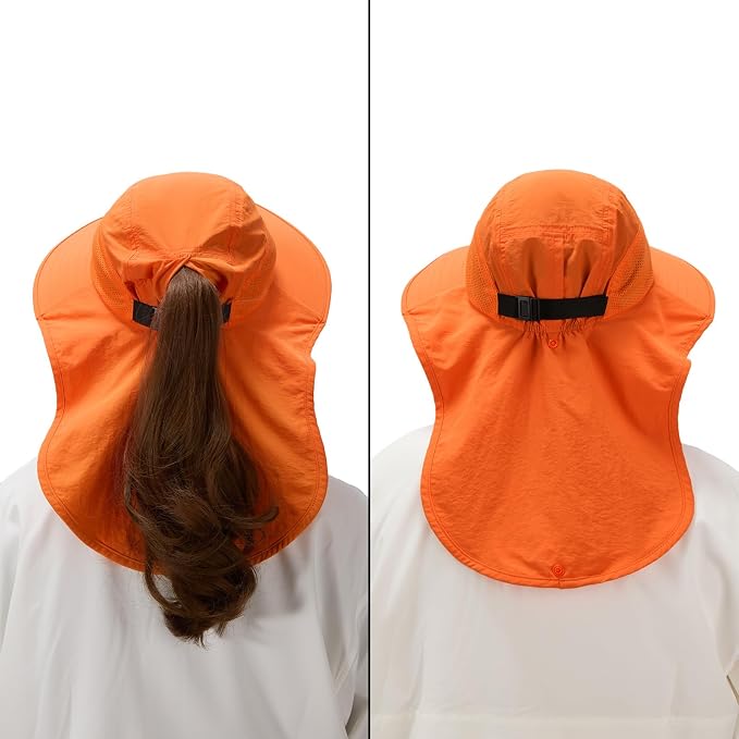 BASSDASH UPF 50+ Unisex Water Resistant Wide Brim Sun Hat with Large Neck Flap Ponytail Fishing Hat for Men Women